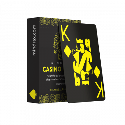 MINDRAX Poker Karten Gelb – Premium Kunststoff Spielkarten – stehende Box mit angelehnter Karte