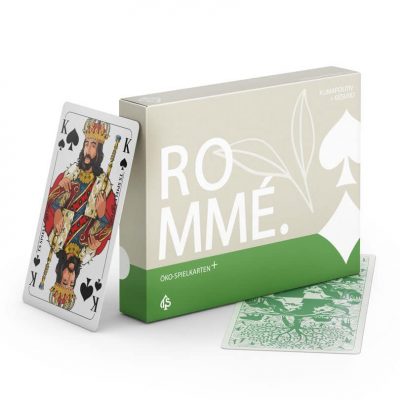 Rommé Öko+ Spielkarten – französisches Bild, Schachtel und Kartenansicht