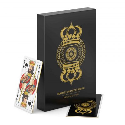 Rommé Premium Gold Spielkarten – Schachtel und Karte, Produktdarstellung