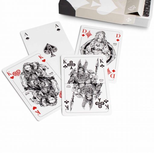 Wikinger Romme Spielkarten Leinen – handgezeichnet, Box liegend mit Karten