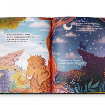 „Das MamOHNEmut“ Kinderbuch – geöffnete Seiten mit Illustrationen, weißer Hintergrund